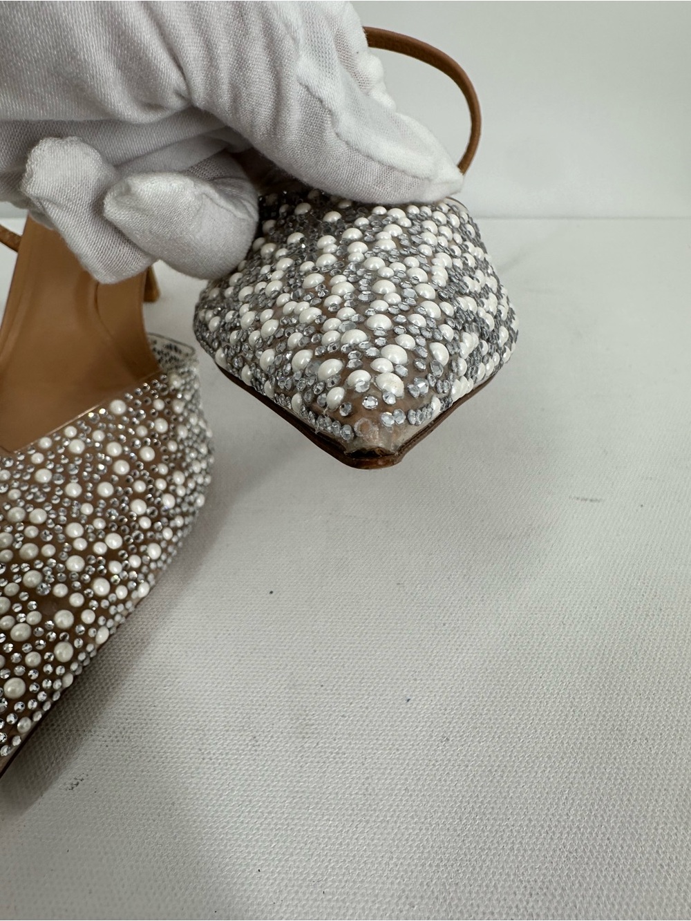 ZARA Clear PVC Pearl Rhinestone Embellished Pointed Slingback Kitty Heels Size 7 - Picture 10 of 15